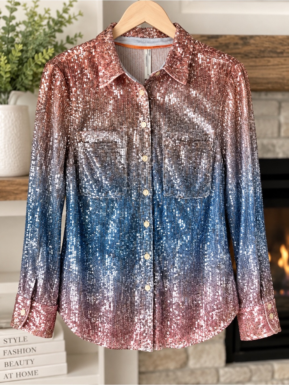 🆕NWT Anthropologie Ombre Sequin Buttondown  Shirt Sz M